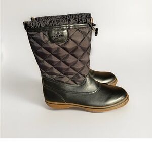 Coach Quilted Drawstring Mid-Calf Snow Boot Black Leather Nylon Women’s Outdoor